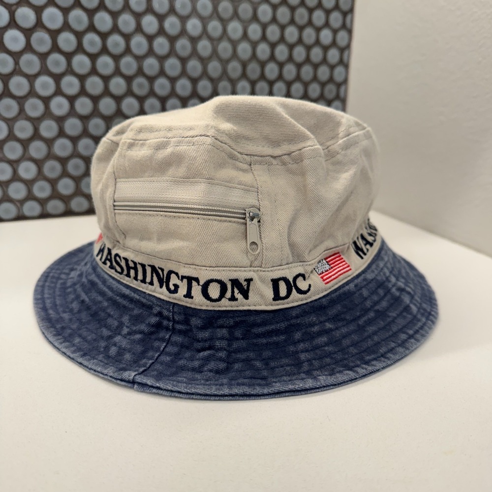 Washington DC Bucket Hat Cap Souvenir‎ Zippered Pocket Cotton Unisex Beige Blue
